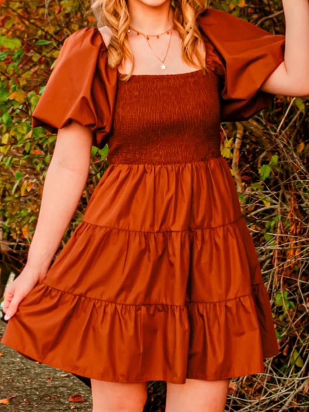 Rust Puff-Sleeve Tiered Mini Dress - Women